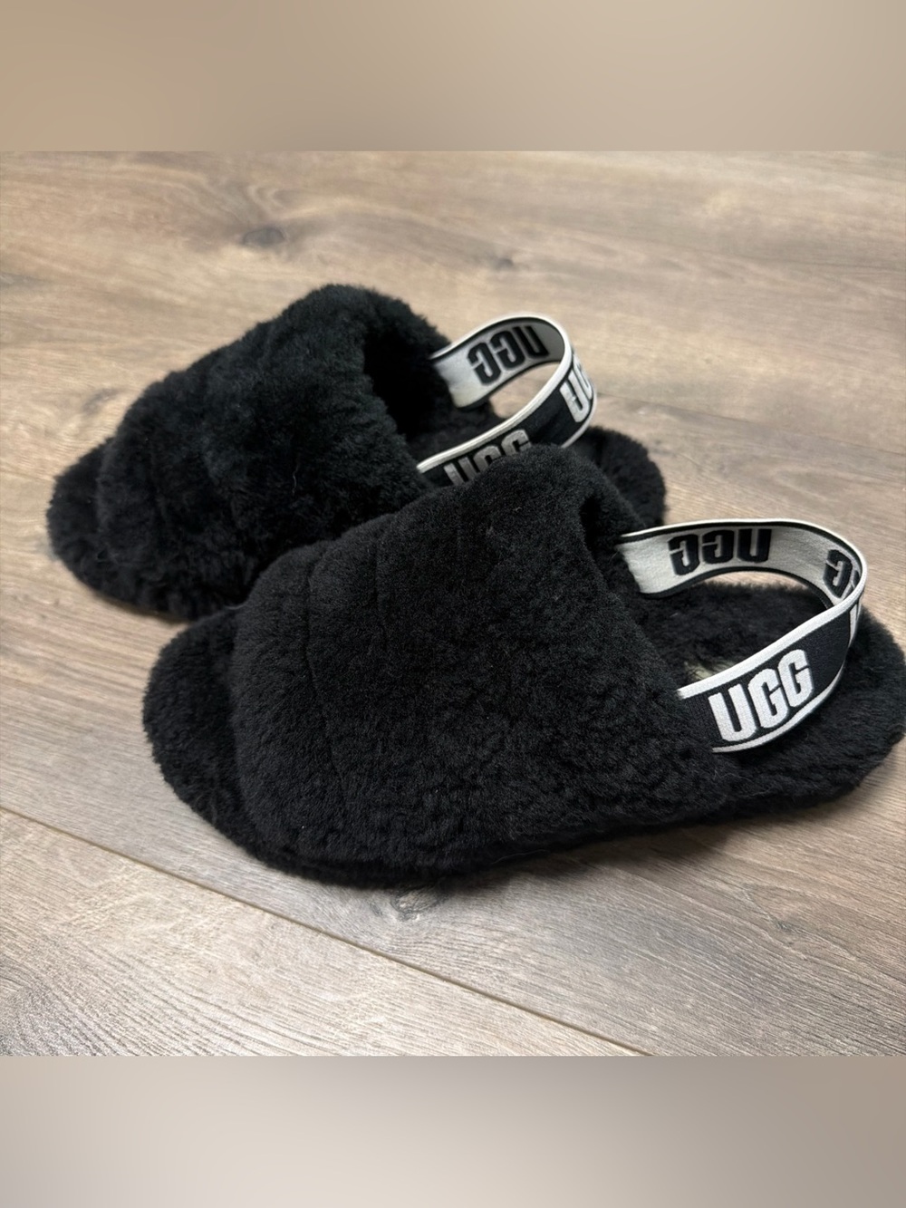 UGG Black Fluff Slide with Branded Heel Strap